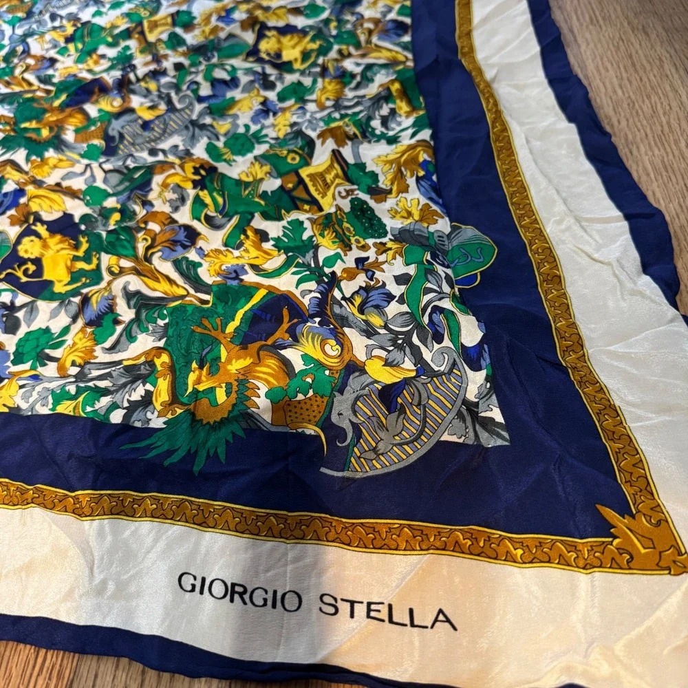 Giorgio Stella‎ Silk Scarf Navy Blue Cream Gold Heraldic Lion Crest Square 31x31